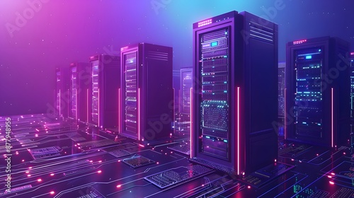 Modern data center servers with neon lighting, highlighting advanced technology and connectivity in a futuristic environment.