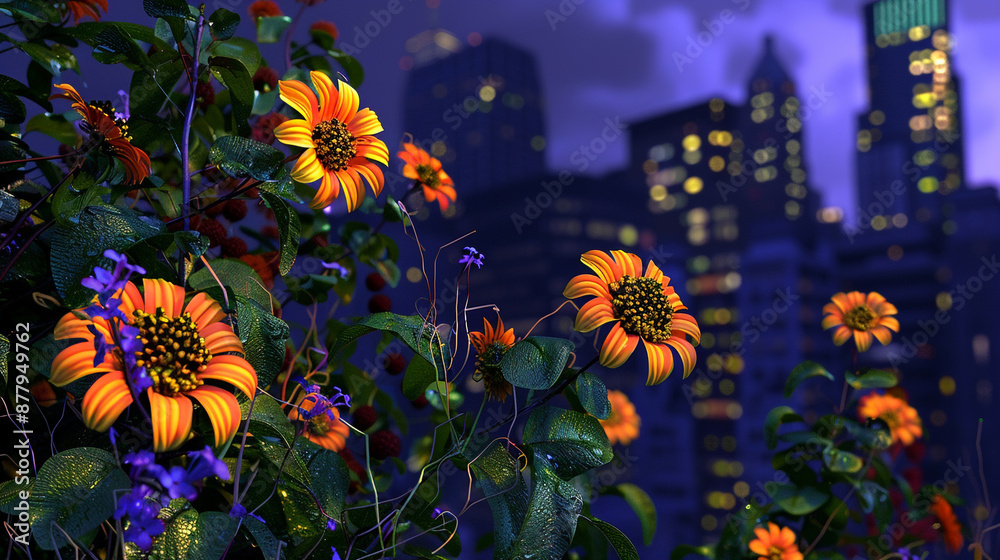 the ethereal charm of flowers cascading from the apex of skyscrapers, captured in close-up shots against the dark city skyline. the ethereal charm of flowers cascading from the apex of skyscrapers, captured in close-up shots against the dark city skyline.