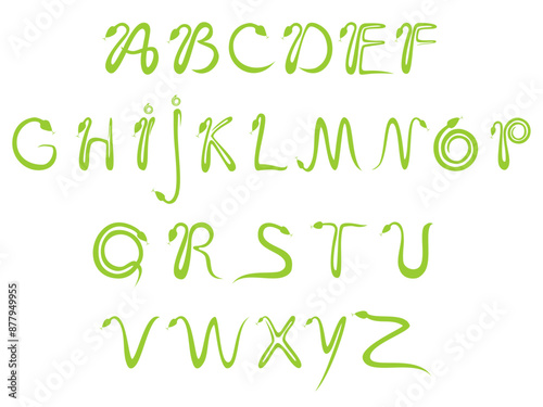 ABC. Alphabet. Capital letters made from green snakes. Handwritten font. Snake silhouette set. Isolated snake silhouette on white background. Vector illustration