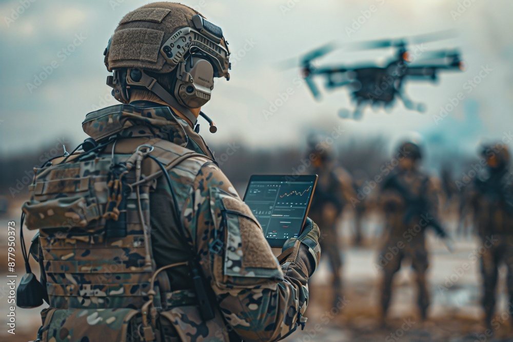 Military technology. Battle strategist monitoring collaboration of armed forces using unmanned aerial vehicles. Military leader with a tablet device featuring enhanced virtual view Military technology. Battle strategist monitoring collaboration of armed forces using unmanned aerial vehicles. Military leader with a tablet device featuring enhanced virtual view
