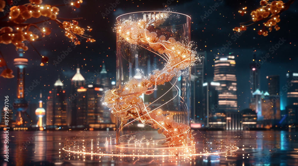Fototapeta premium the surreal beauty of buildings transformed into floral wonders at their peaks, a captivating sight against the backdrop of the darkened city skyline.