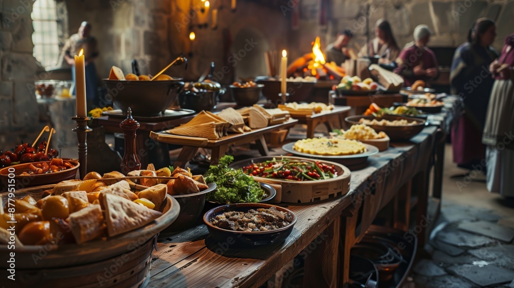 A medieval feast with traditional foods and a lively atmosphere captures the era's essence in history and festivity.