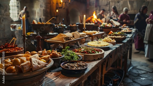 Obraz na płótnie A medieval feast with traditional foods and a lively atmosphere captures the era's essence in history and festivity. w salonie