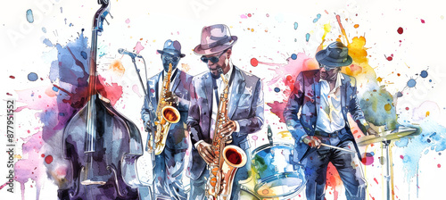 A watercolor painting depicting a jazz ensemble with musicians playing the saxophone, drums, and double bass photo