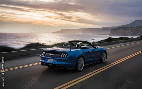Scenic Coastal Drive: Blue Convertible Car with Ocean Views