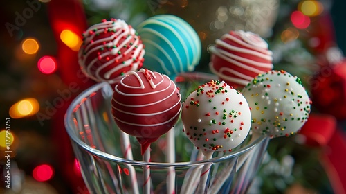 Delicious holiday colored cake pops in a glass closeup © Bonnie
