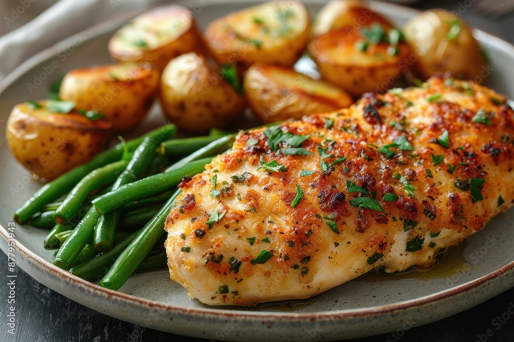 A plate of chicken kiev, breaded chicken breasts filled with garlic butter, served with roasted potatoes and green beans. A plate of chicken kiev, breaded chicken breasts filled with garlic butter, served with roasted potatoes and green beans.