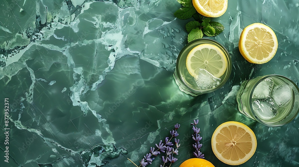 Drink with lemon and lavender flower on green marble Drink with lemon and lavender flower on green marble