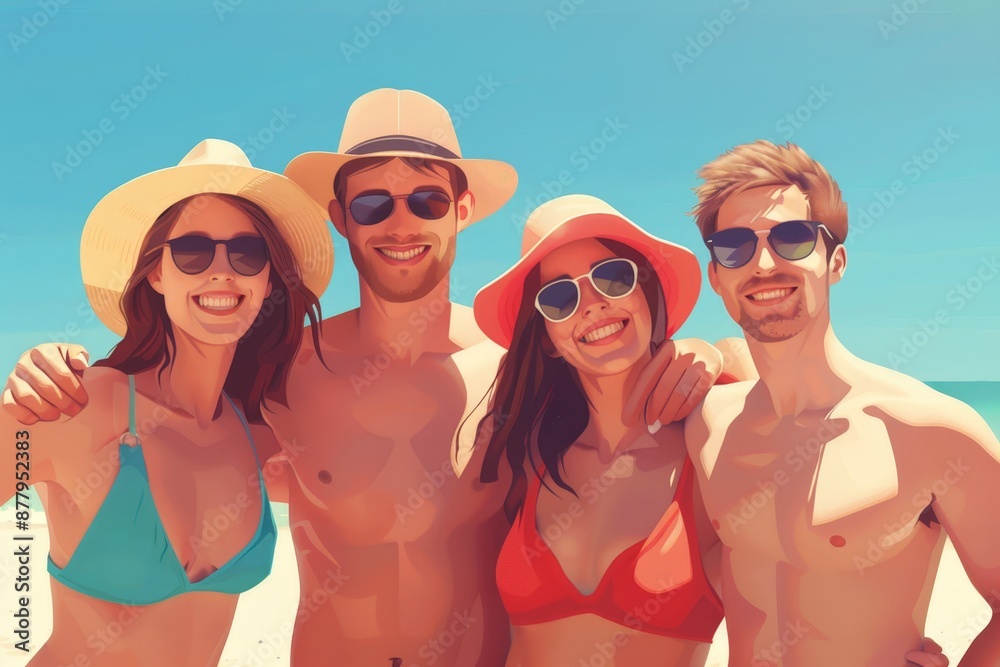 Excited Friends Planning Snorkeling Adventure on Australian Beach - 2D Flat Illustration with Pristine Coastline View Excited Friends Planning Snorkeling Adventure on Australian Beach - 2D Flat Illustration with Pristine Coastline View