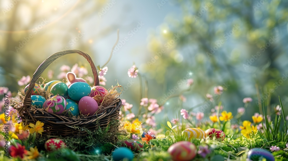 Easter egg hunting various candy and chocolate easter eggs bunny and rabbits with basket for eggs on garden background Easter egg hunting various candy and chocolate easter eggs bunny and rabbits with basket for eggs on garden background