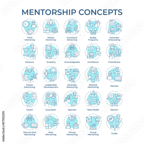 Mentorship soft blue concept icons. Coaching and guidance. Role model. Patronage. Professional development of mentee. Icon pack. Vector images. Round shape illustrations. Abstract idea