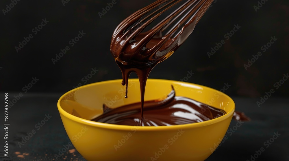 Fototapeta premium Chocolate mixture dripping into yellow bowl with plastic whisk on black background