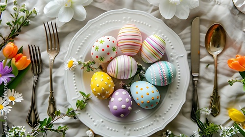 Easter table setting painted easter eggs on a white plate top view