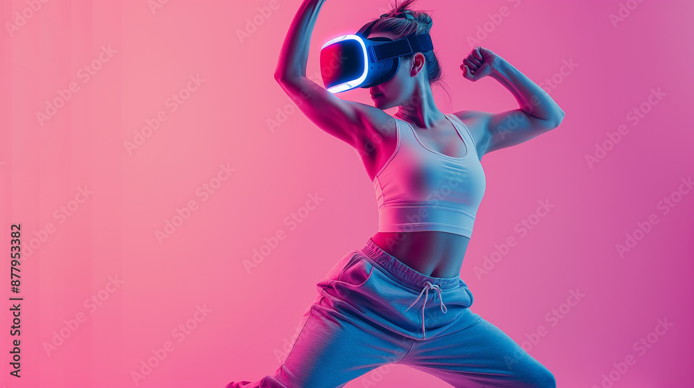 Young woman wearing vr headset is exercising with virtual reality Young woman wearing vr headset is exercising with virtual reality