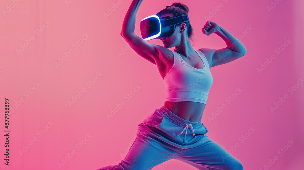 Sporty woman wearing vr headset is exercising with virtual reality Sporty woman wearing vr headset is exercising with virtual reality
