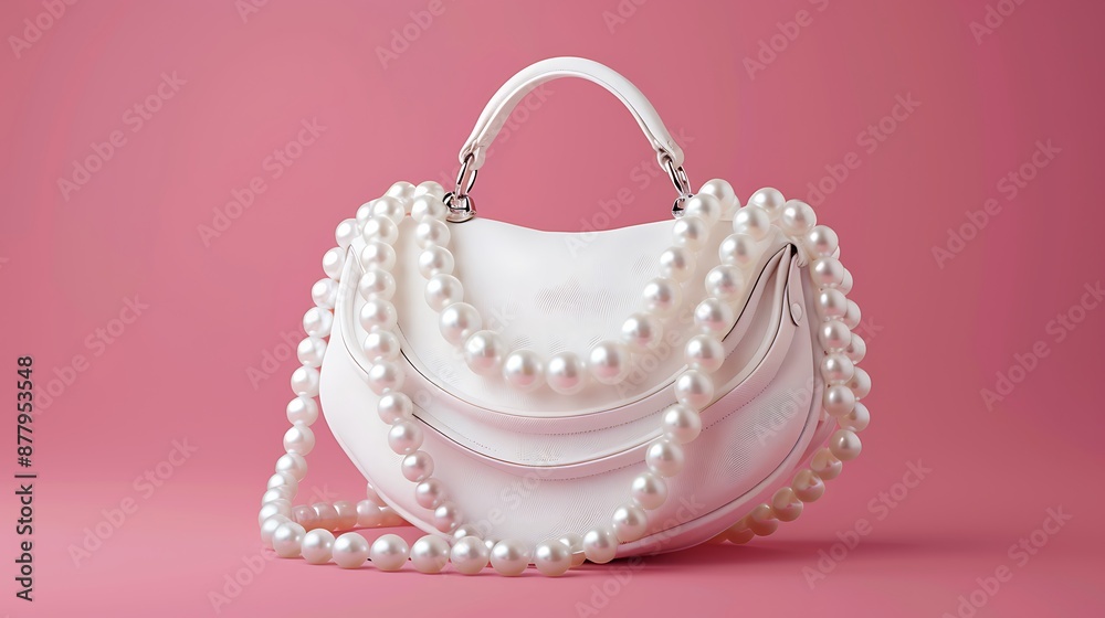 Fashionable white women bag with pearls on a pink background Fashionable white women bag with pearls on a pink background