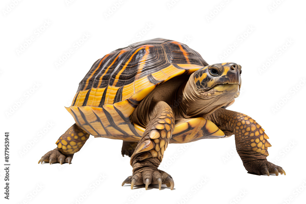 Obraz premium Realistic 3d rendered turtle isolated on transparent background, PNG style illustration of a sea turtle with detailed texture and natural coloring, ideal for marine life and ocean-themed design projec