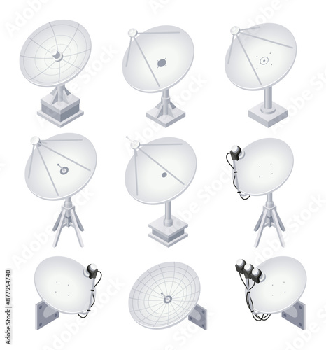 Satellite dish global cyberspace connection digital information receiver set isometric vector