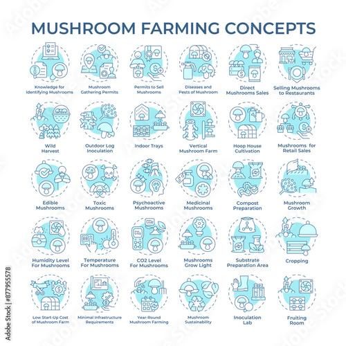 Mushroom farming soft blue concept icons. Fungiculture. Indoor farming conditions. Vertical farming. Agribusiness. Icon pack. Vector images. Round shape illustrations. Abstract idea