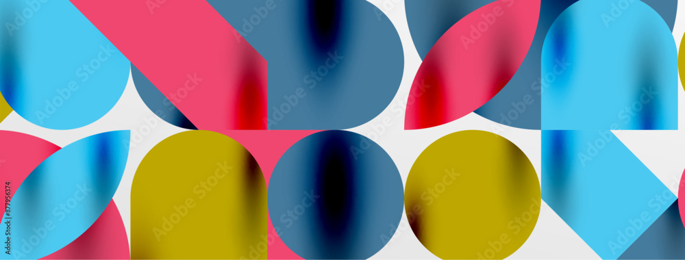 Mosaic geometric elements. Colorful circles, round geometric shapes and lines with shadow 3d effects. Simple forms abstract background for wallpaper, banner, template or landing Mosaic geometric elements. Colorful circles, round geometric shapes and lines with shadow 3d effects. Simple forms abstract background for wallpaper, banner, template or landing