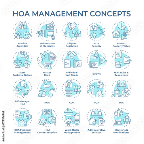 HOA management soft blue concept icons. Home owner association. Property management. Neighborhood. Administrative tasks. Icon pack. Vector images. Round shape illustrations. Abstract idea