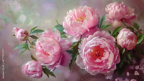 Fototapeta Naklejka Na Ścianę i Meble -  Greeting card with a bouquet of pinks beautiful huge peonies