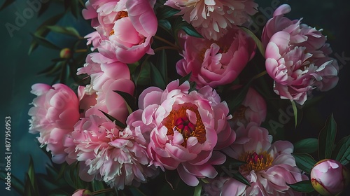 Fototapeta Naklejka Na Ścianę i Meble -  Greeting card with a bouquet of pinks beautiful huge peonies