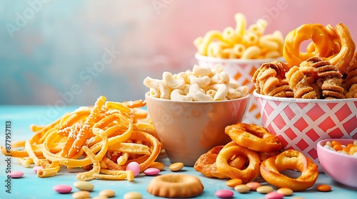 Group of sweet and salty snacks on beautiful background