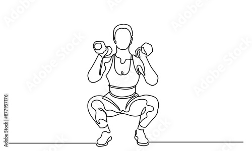 Woman Fitness workout exercise Continuous line drawing of a girl squat exercise.Female bodybuilder doing exercise in the gym center.Healthy lifestyle concept.
