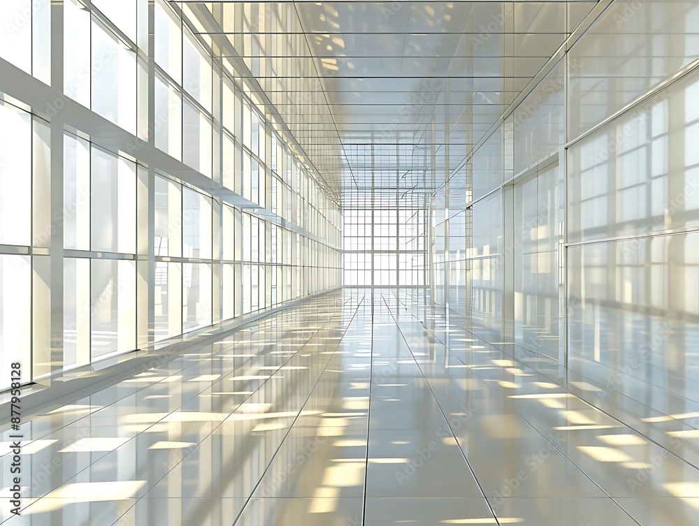 3D Render of Modern Glass Corridor with Shiny Floor and Window Reflections 3D Render of Modern Glass Corridor with Shiny Floor and Window Reflections