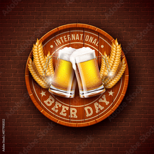 International Beer Day Design with Freshly Tapped Beer in the Mug, Barrel and Barley Ears on Vintage Wood Background. August 4 Vector Cheers Celebration Holiday Illustration with Typography Letter for