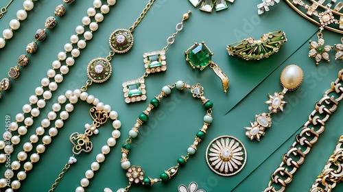Jewelry and accessories for women clothing bijouterie fashion and design on green background