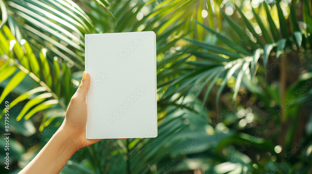 Woman hand holding empty white mockup of paperback book template on tropical trees background Woman hand holding empty white mockup of paperback book template on tropical trees background