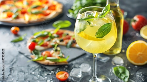 Limoncello spritz drink aperitif at food table with antipasti and pizza selection on light background