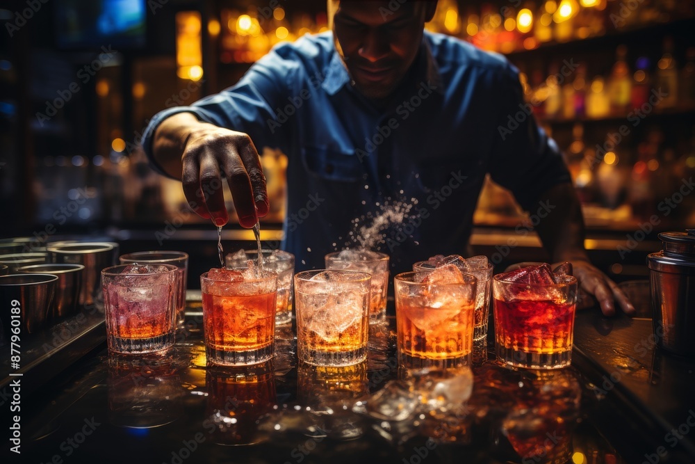 Bartender expertly pours vodka into shot glasses at the bar, creating perfect shots Bartender expertly pours vodka into shot glasses at the bar, creating perfect shots