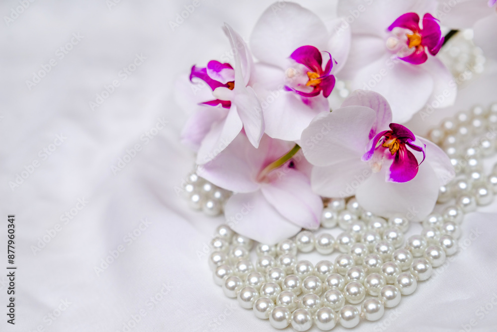 The branch of purple orchids on white fabric background
The branch of purple orchids on white fabric background