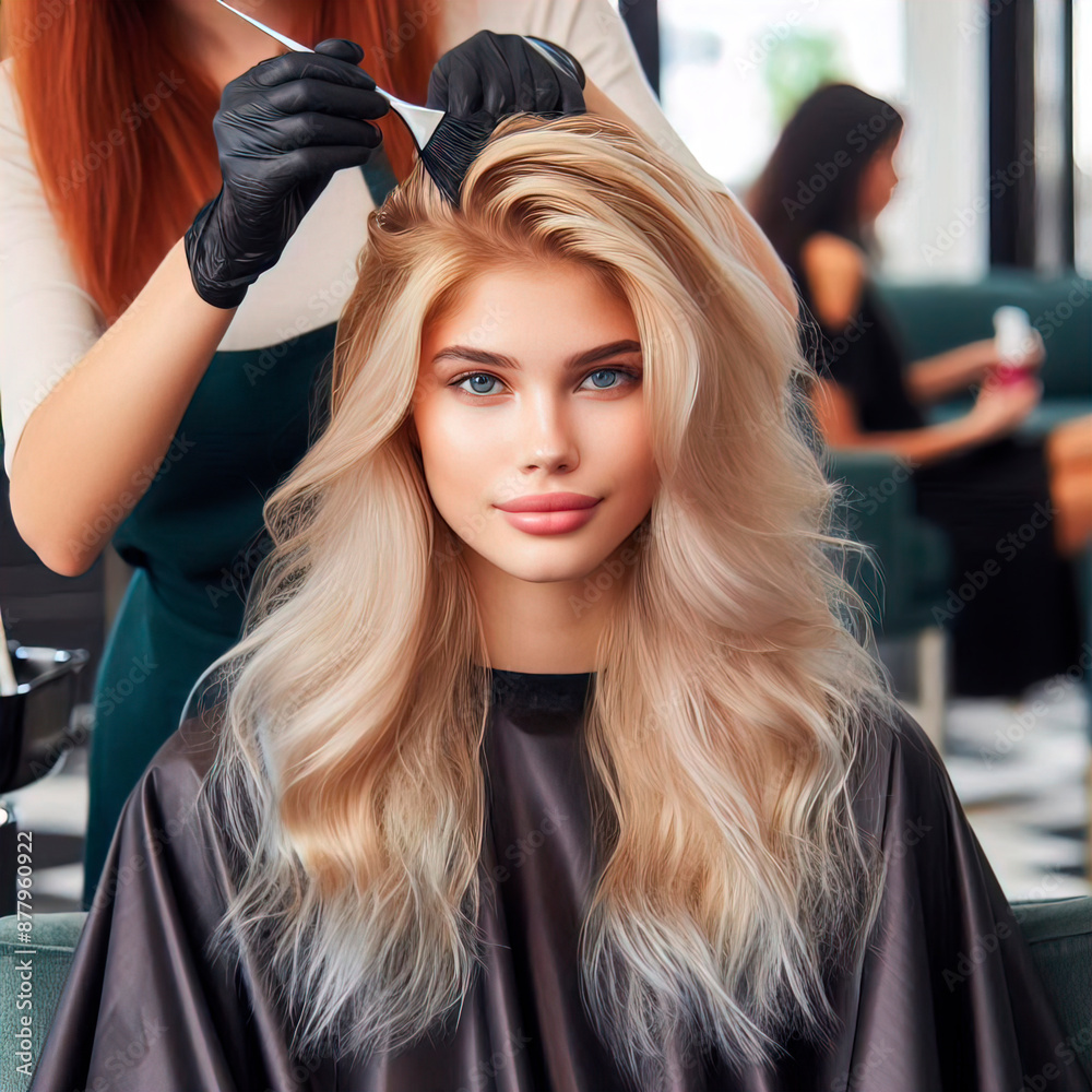 Fototapeta premium a beautiful blonde model woman in the hairdresser salon gets a new haircut, dyes her hair and style it. sitting on the chair