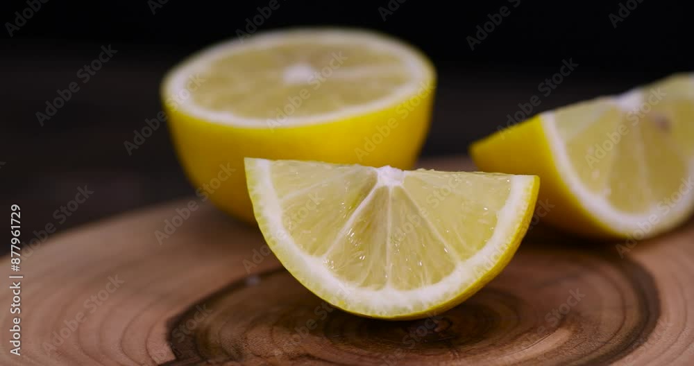 sliced ripe yellow lemon, slices of sour lemon on a black board sliced ripe yellow lemon, slices of sour lemon on a black board