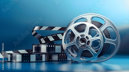 Blue 3D movie theater film strip and reel featuring clapper board