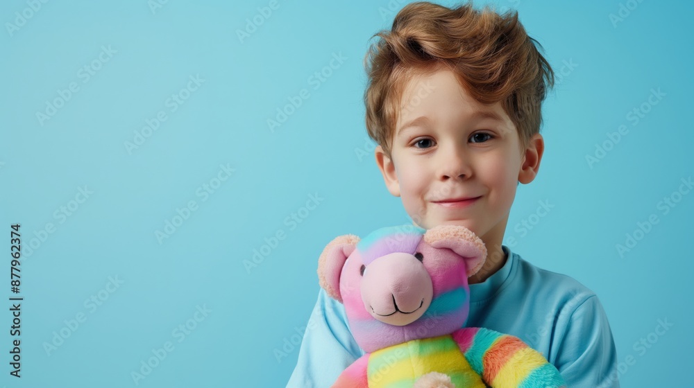 boy holds colorful teddy bear toy isolated on blue background, portrait of happy smiling child kid holding rainbow color plush animal toy with copy space boy holds colorful teddy bear toy isolated on blue background, portrait of happy smiling child kid holding rainbow color plush animal toy with copy space