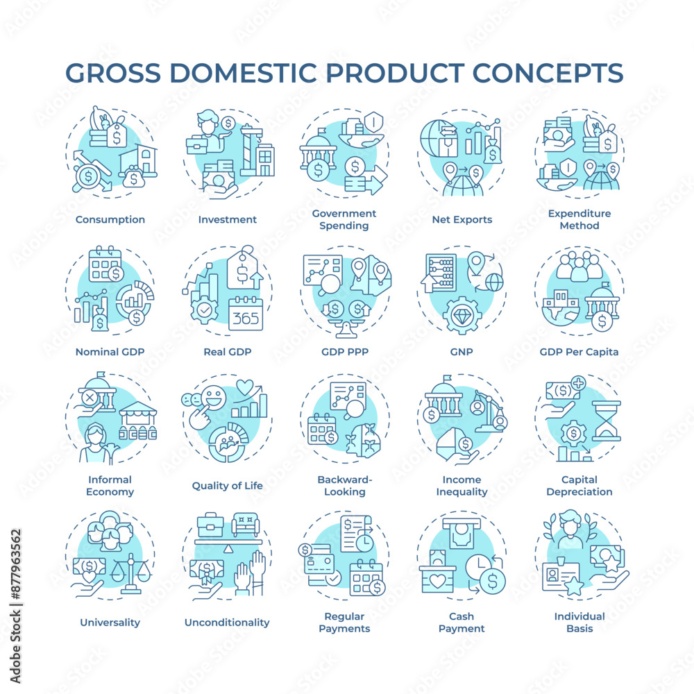 Gross domestic product soft blue concept icons. Country economy. Market value. Economic growth. Goods and services. Icon pack. Vector images. Round shape illustrations. Abstract idea Gross domestic product soft blue concept icons. Country economy. Market value. Economic growth. Goods and services. Icon pack. Vector images. Round shape illustrations. Abstract idea