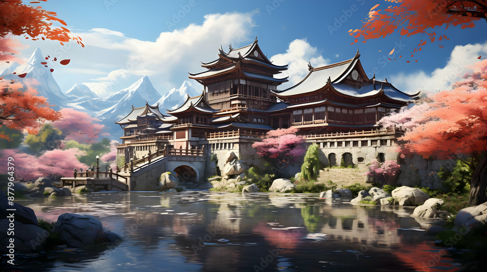 Fototapeta premium Tranquil Japanese Pagoda Landscape Illustration