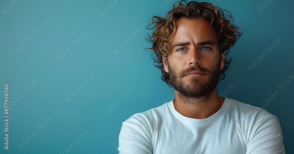 Obraz premium Portrait of an unhappy young man , blue color background banner with copy space