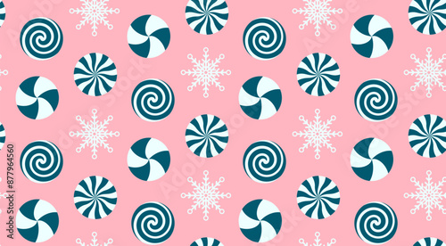 Christmas peppermint swirl candies and snowflake seamless pattern. Holiday traditional peppermint backdrop.
