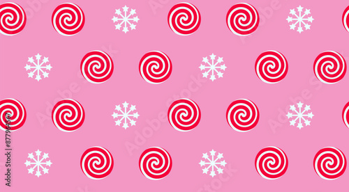 Christmas peppermint swirl candies and snowflake seamless pattern. Holiday traditional peppermint backdrop.