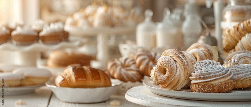 A delightful array of freshly baked pastries and breads displayed in a cozy bakery setting, perfect for breakfast or a sweet treat. A delightful array of freshly baked pastries and breads displayed in a cozy bakery setting, perfect for breakfast or a sweet treat.