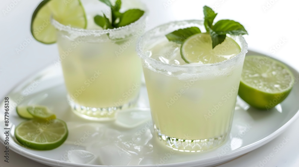 Refreshing lemonade or limeade in two sugar rimmed glasses decorated with lime slices and mint on white plate Refreshing lemonade or limeade in two sugar rimmed glasses decorated with lime slices and mint on white plate