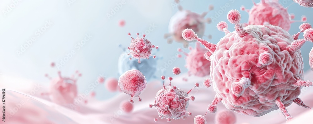 Close-up image of viruses in a microscopic view, showcasing detailed molecular structures with soft pink and blue hues. Close-up image of viruses in a microscopic view, showcasing detailed molecular structures with soft pink and blue hues.