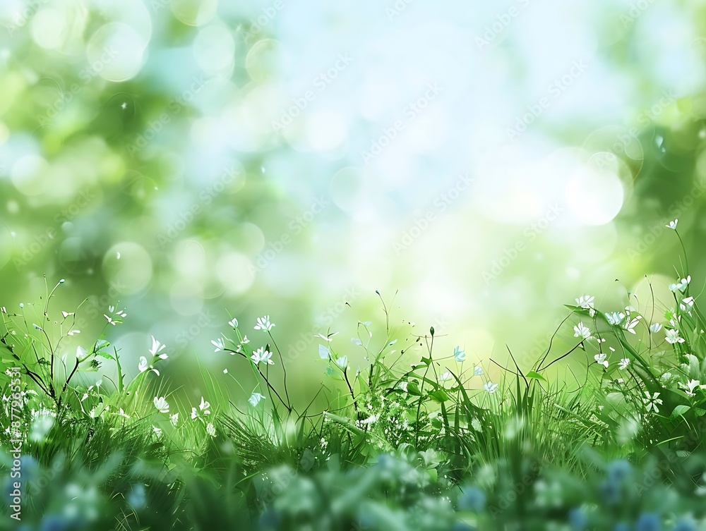 Green Grass and White Flowers in a Blurry Background - Illustration Green Grass and White Flowers in a Blurry Background - Illustration