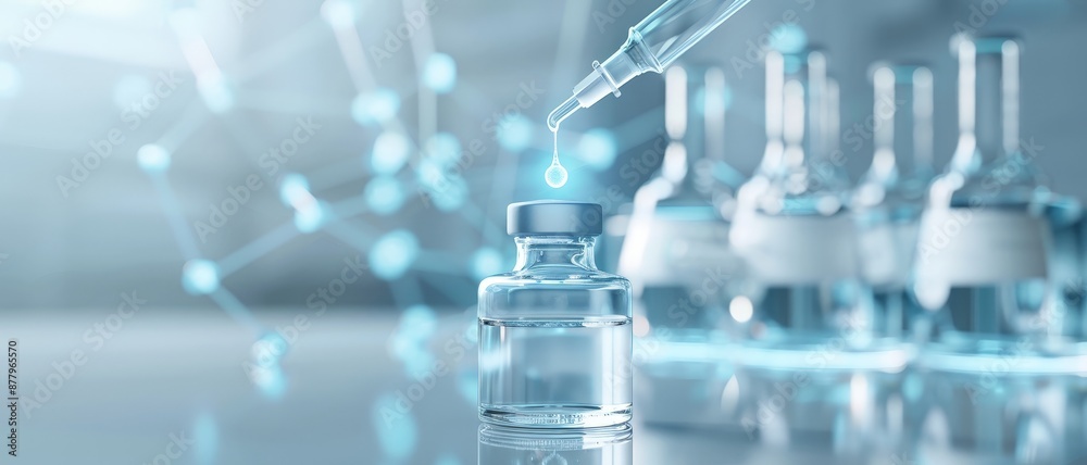 Close-up of a scientific pipette dropping liquid into a vial in a laboratory with other vials in the background, representing medical research. Close-up of a scientific pipette dropping liquid into a vial in a laboratory with other vials in the background, representing medical research.